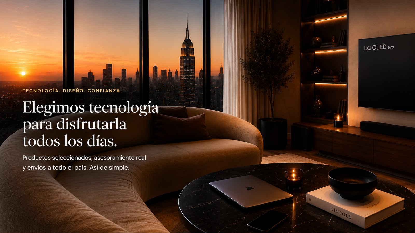 Living premium con tecnología curada - sofá, TV, ciudad, Empire State